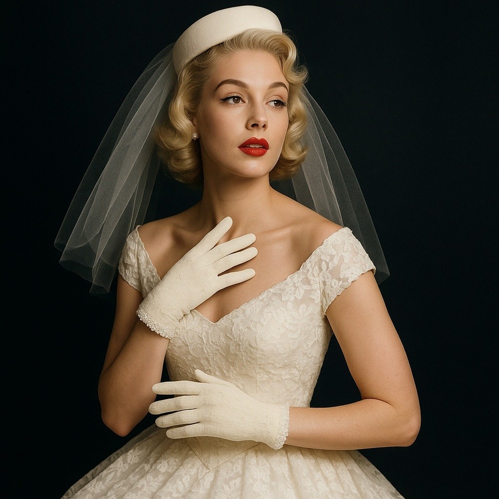 Vintage 50s Astral‎ White Beaded Gloves British Hong Kong Mid Century Bridal